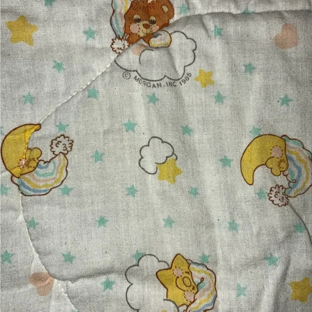 💰Vintage 80s Morgan Teddy Beddy Bear Baby Quilted Crib Blanket Comforter Moon